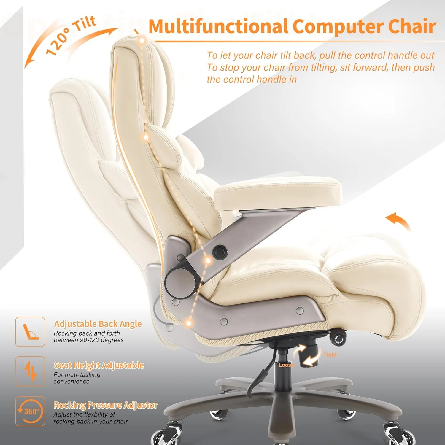 700lbs Big and Tall Office Chair-Large Computer Chair with Adjustable Lumbar Support 3D Flip Arms Plus Size Wheels, High Back Executive Desk Chair, Heavy Duty Metal Base, Thick Padded Wide Seat