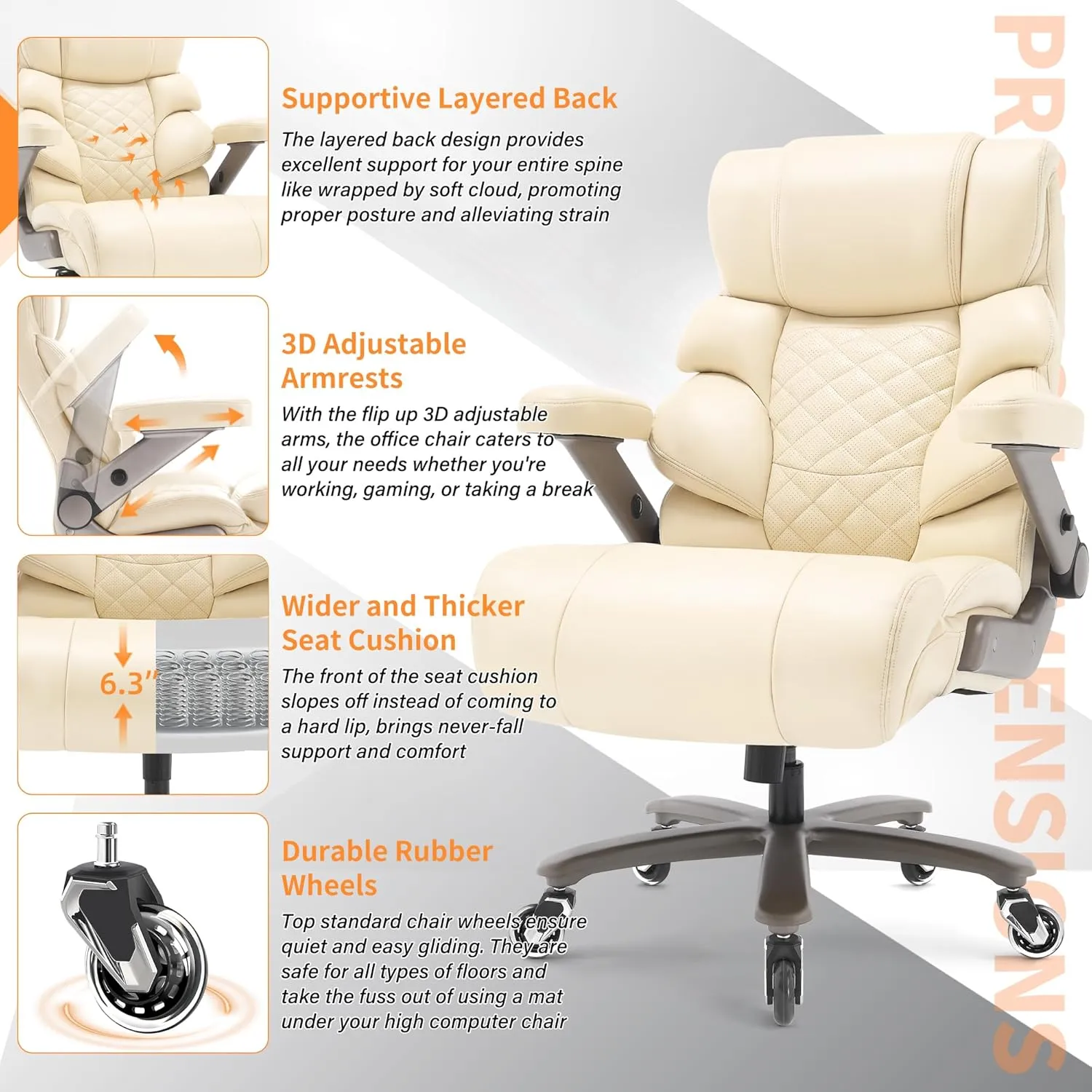700lbs Big and Tall Office Chair-Large Computer Chair with Adjustable Lumbar Support 3D Flip Arms Plus Size Wheels, High Back Executive Desk Chair, Heavy Duty Metal Base, Thick Padded Wide Seat