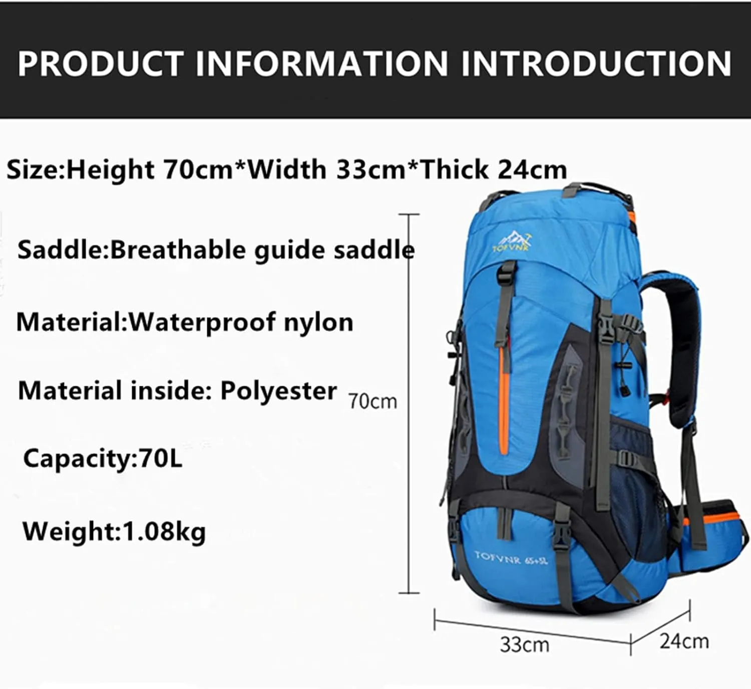 70L Large Camping Hiking Backpack,Lightweight Trekking For Men Women Outdoor Large Capacity Mountaineering Waterproof Daypack (Sky blue), 27.56in*13in*9.44in