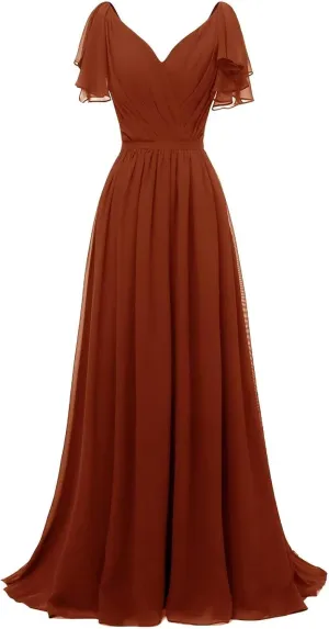 A-line Pleated Chiffon Bridesmaid Dress for Women, Long V Neck Formal Party Dresses Wedding Guest Dress