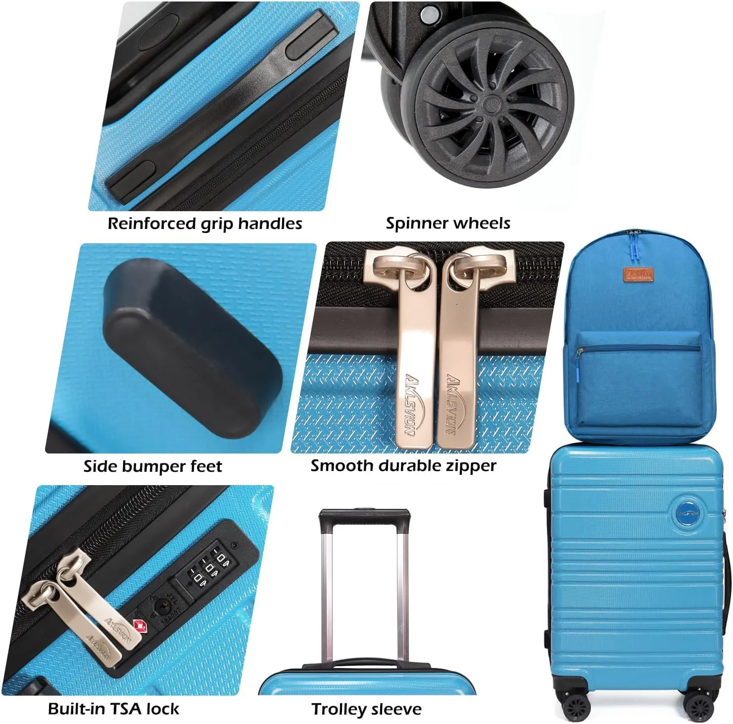 ABS PC Carry on Luggage set with backpack 3 Pcs suitcace with Spinner wheels TSA Lock 20-In hardshell Lightweight Luggage set (Sky blue)