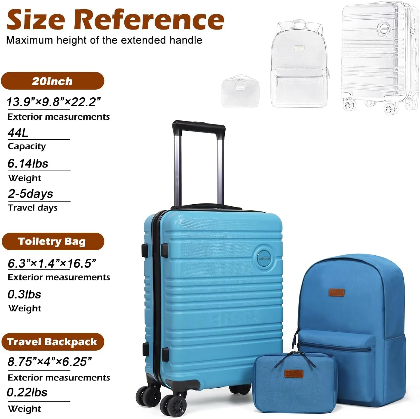 ABS PC Carry on Luggage set with backpack 3 Pcs suitcace with Spinner wheels TSA Lock 20-In hardshell Lightweight Luggage set (Sky blue)