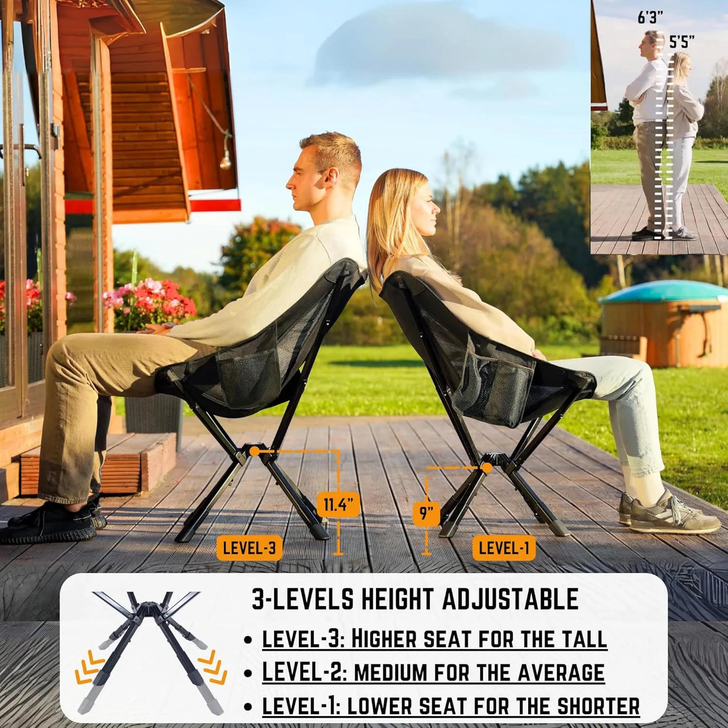 ADJ-S2 Portable Camping Chair - Adjustable Height Folding Chair, Compact Collapsible Chair Setup in 8s, Outdoor Chair for Camping, Beach, Sports/Music Events, Supports 330LBS - Green 2025 Edition