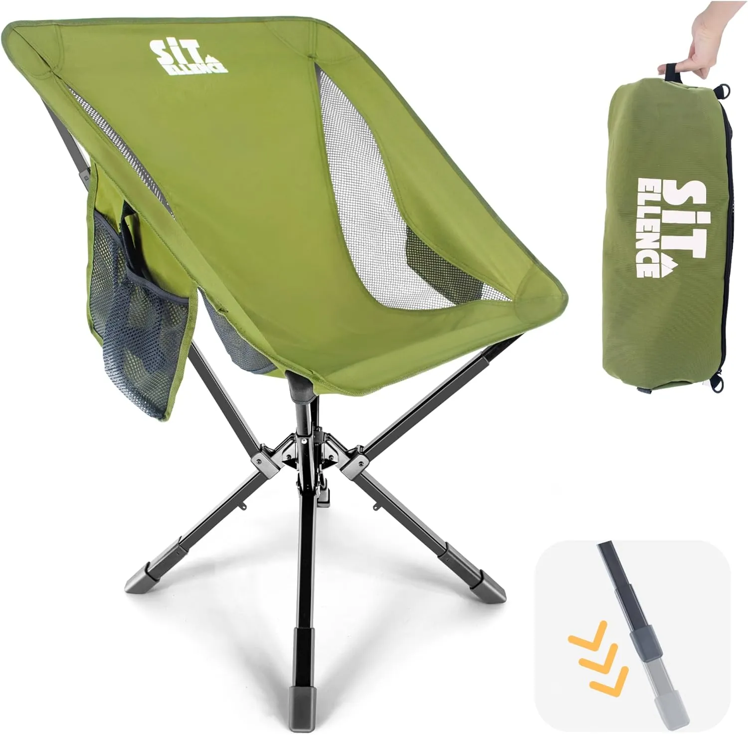 ADJ-S2 Portable Camping Chair - Adjustable Height Folding Chair, Compact Collapsible Chair Setup in 8s, Outdoor Chair for Camping, Beach, Sports/Music Events, Supports 330LBS - Green 2025 Edition