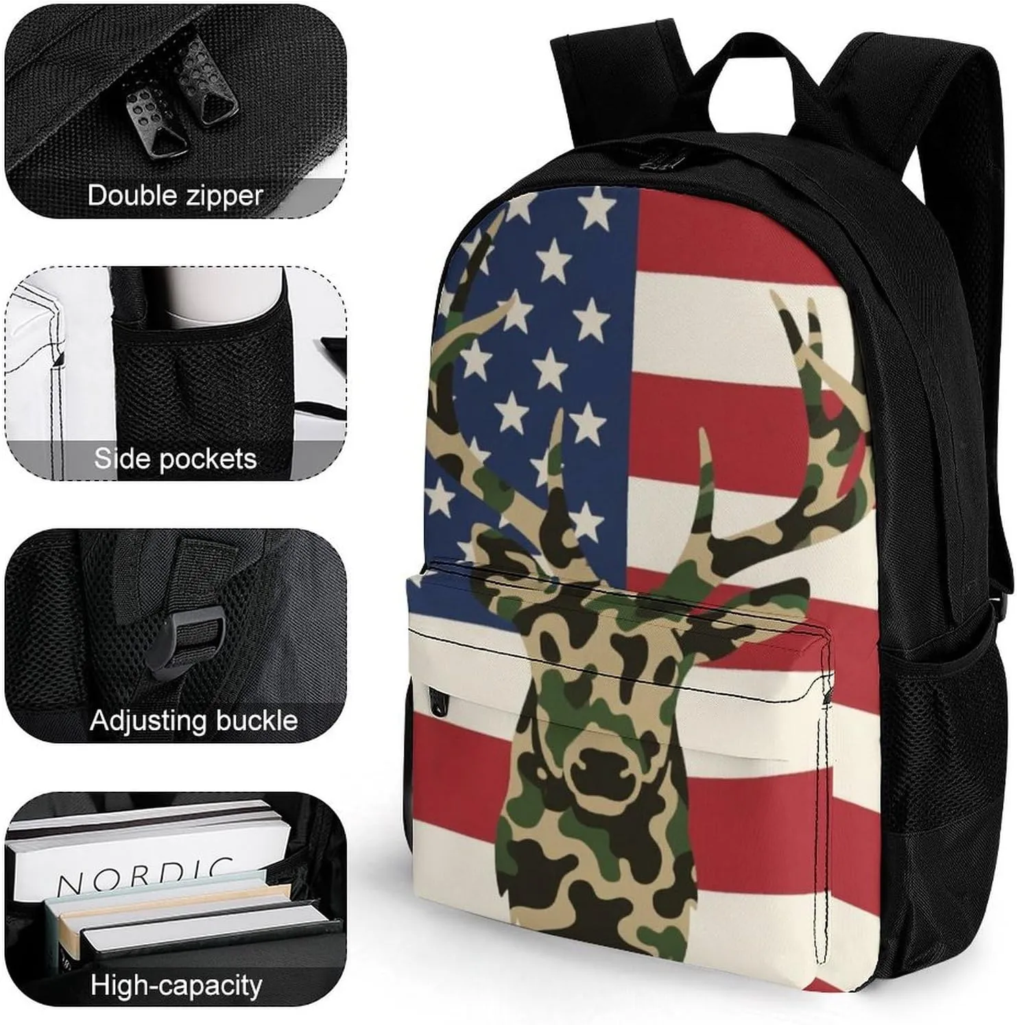 Adults Lightweight American Flag Camo Deer Camouflage Art Shoulder Book Bags Big Capacity Shoulder Bag With Adjustable Shoulder Straps for Trekking Work Walking Cycling