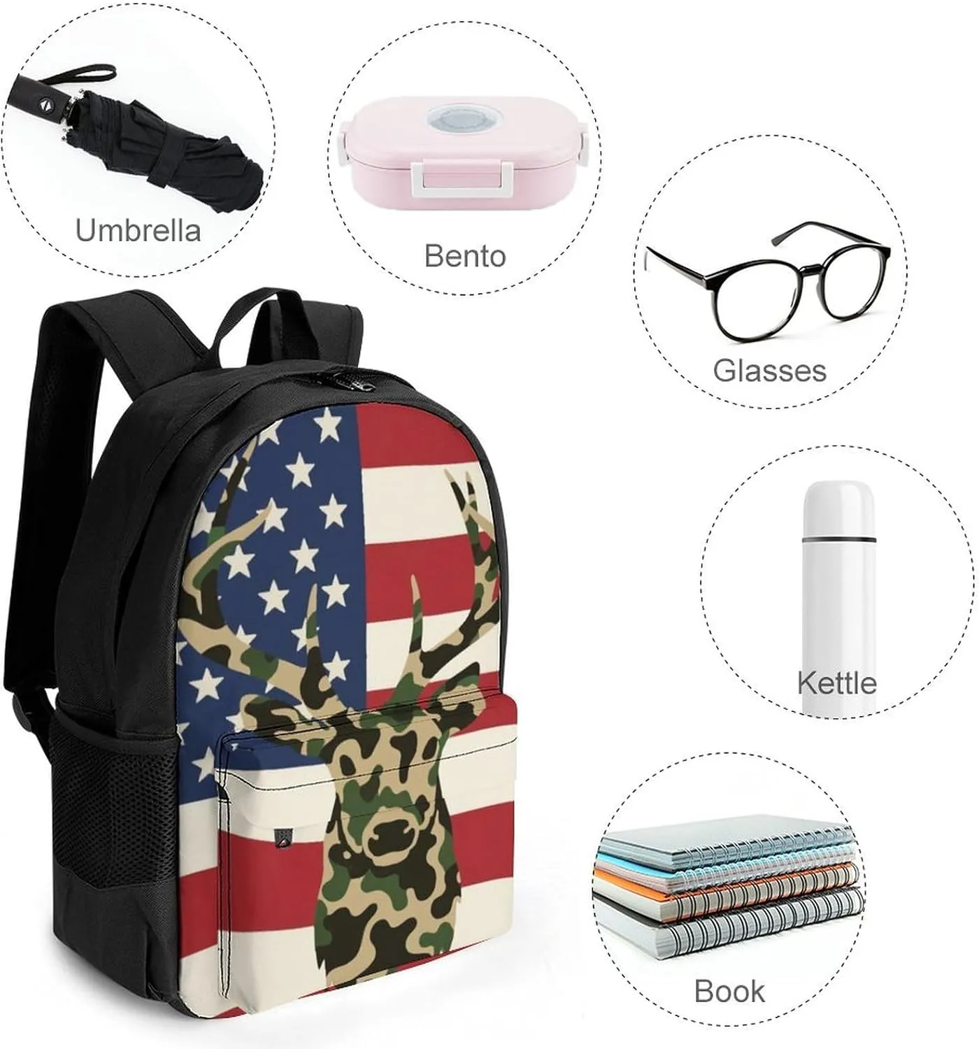 Adults Lightweight American Flag Camo Deer Camouflage Art Shoulder Book Bags Big Capacity Shoulder Bag With Adjustable Shoulder Straps for Trekking Work Walking Cycling