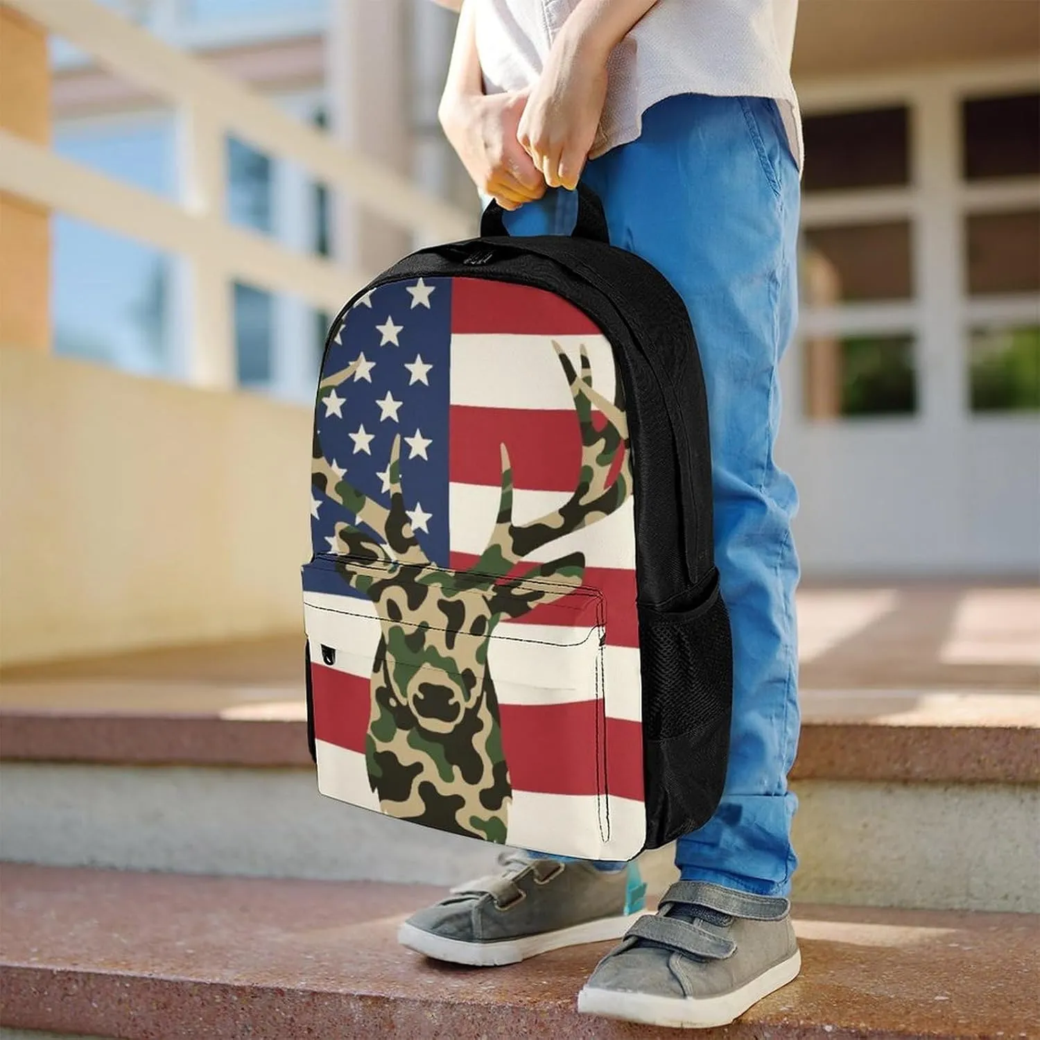 Adults Lightweight American Flag Camo Deer Camouflage Art Shoulder Book Bags Big Capacity Shoulder Bag With Adjustable Shoulder Straps for Trekking Work Walking Cycling