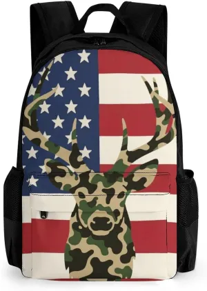 Adults Lightweight American Flag Camo Deer Camouflage Art Shoulder Book Bags Big Capacity Shoulder Bag With Adjustable Shoulder Straps for Trekking Work Walking Cycling
