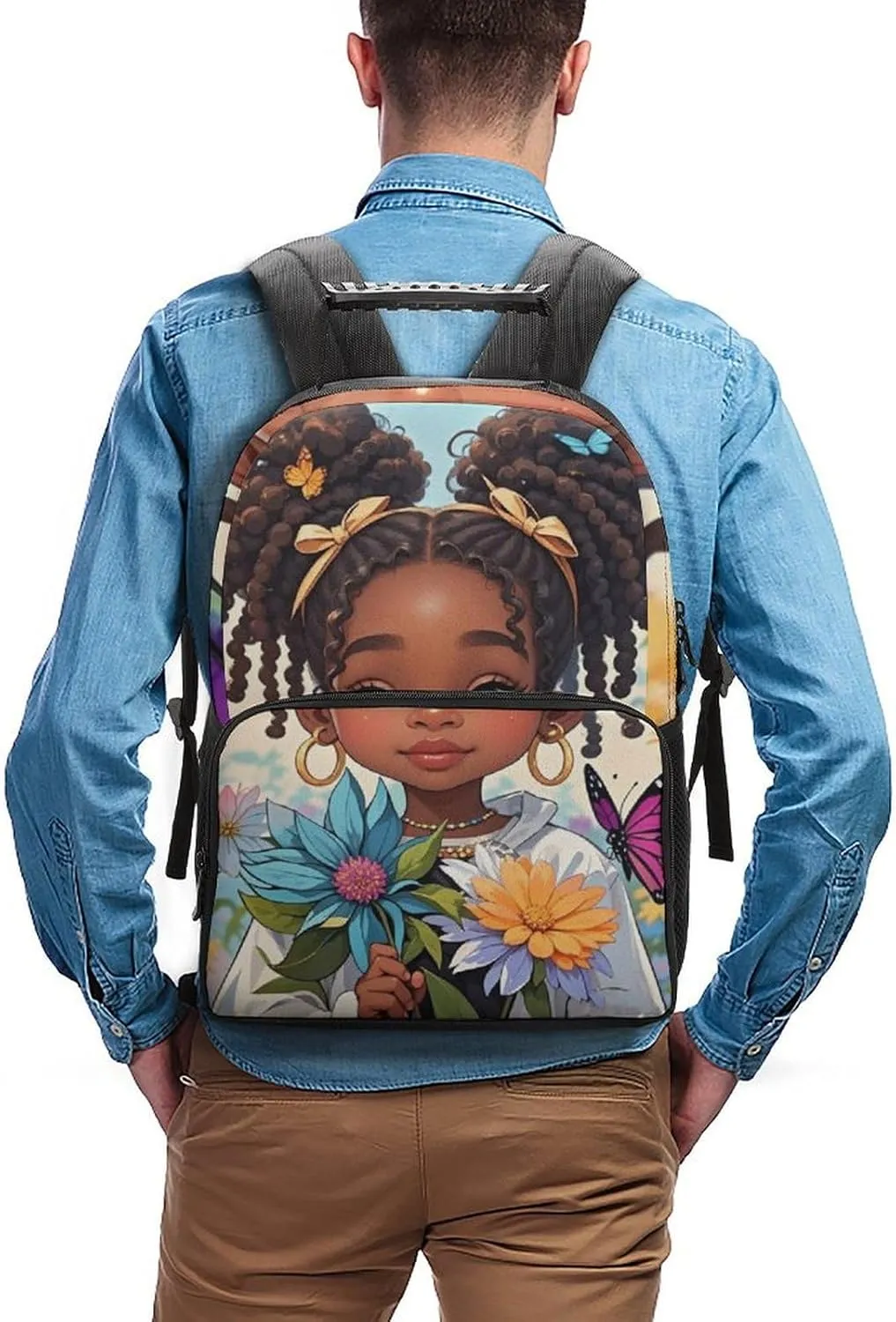 Adults Lightweight Colorful Afro American Black Woman With Butterflies Art Rucksacks Large Capacity Bookbag With Adjustable Shoulder Straps for Trekking Outdoors Bicycle