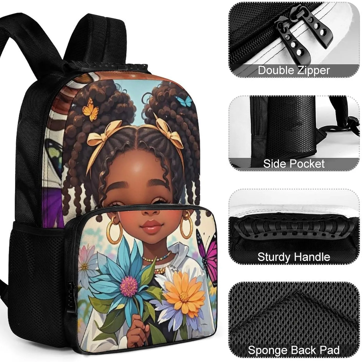 Adults Lightweight Colorful Afro American Black Woman With Butterflies Art Rucksacks Large Capacity Bookbag With Adjustable Shoulder Straps for Trekking Outdoors Bicycle