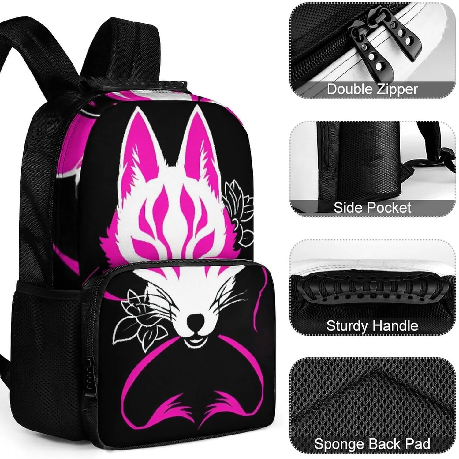 Adults Lightweight Japanese Kitsune Mask Art Rucksacks Large Capacity Bookbag With Adjustable Shoulder Straps for Trekking Outdoors Bicycle