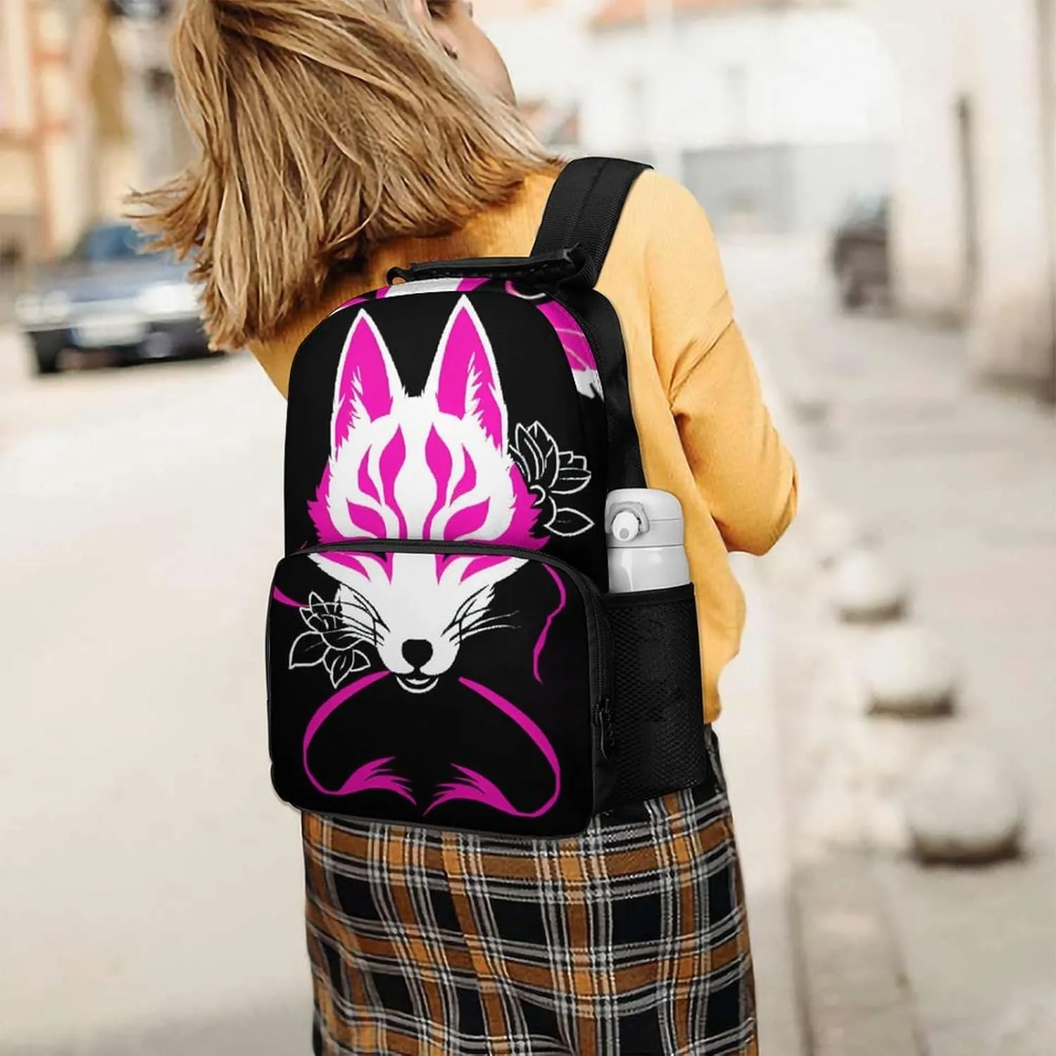 Adults Lightweight Japanese Kitsune Mask Art Rucksacks Large Capacity Bookbag With Adjustable Shoulder Straps for Trekking Outdoors Bicycle