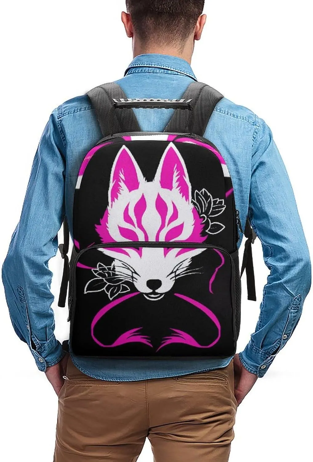 Adults Lightweight Japanese Kitsune Mask Art Rucksacks Large Capacity Bookbag With Adjustable Shoulder Straps for Trekking Outdoors Bicycle
