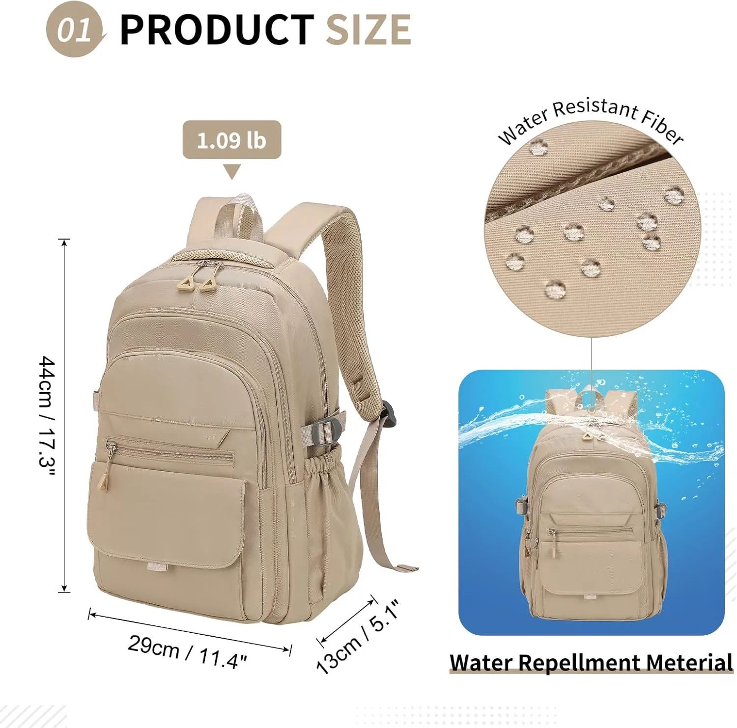 Aesthetic Daypack Backpack, Water-Resistant 15.6" Laptop Backpack for Women and Men, Featuring Touch-Fastener and Anti-Theft Pockets (Khaki)