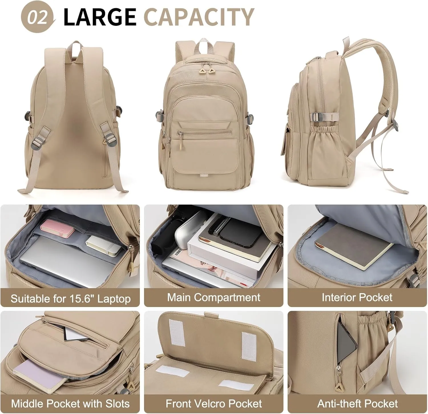 Aesthetic Daypack Backpack, Water-Resistant 15.6" Laptop Backpack for Women and Men, Featuring Touch-Fastener and Anti-Theft Pockets (Khaki)