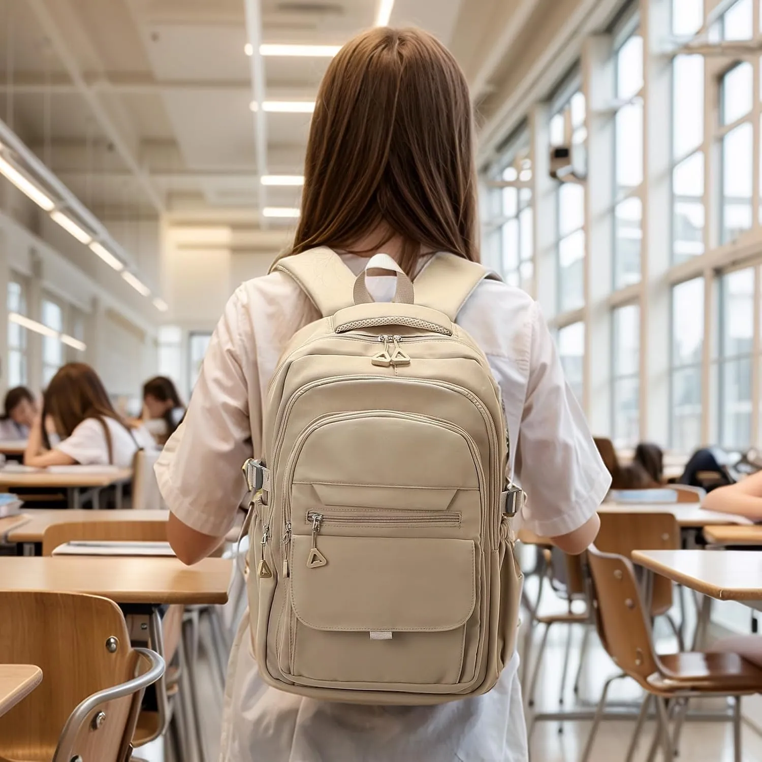 Aesthetic Daypack Backpack, Water-Resistant 15.6" Laptop Backpack for Women and Men, Featuring Touch-Fastener and Anti-Theft Pockets (Khaki)