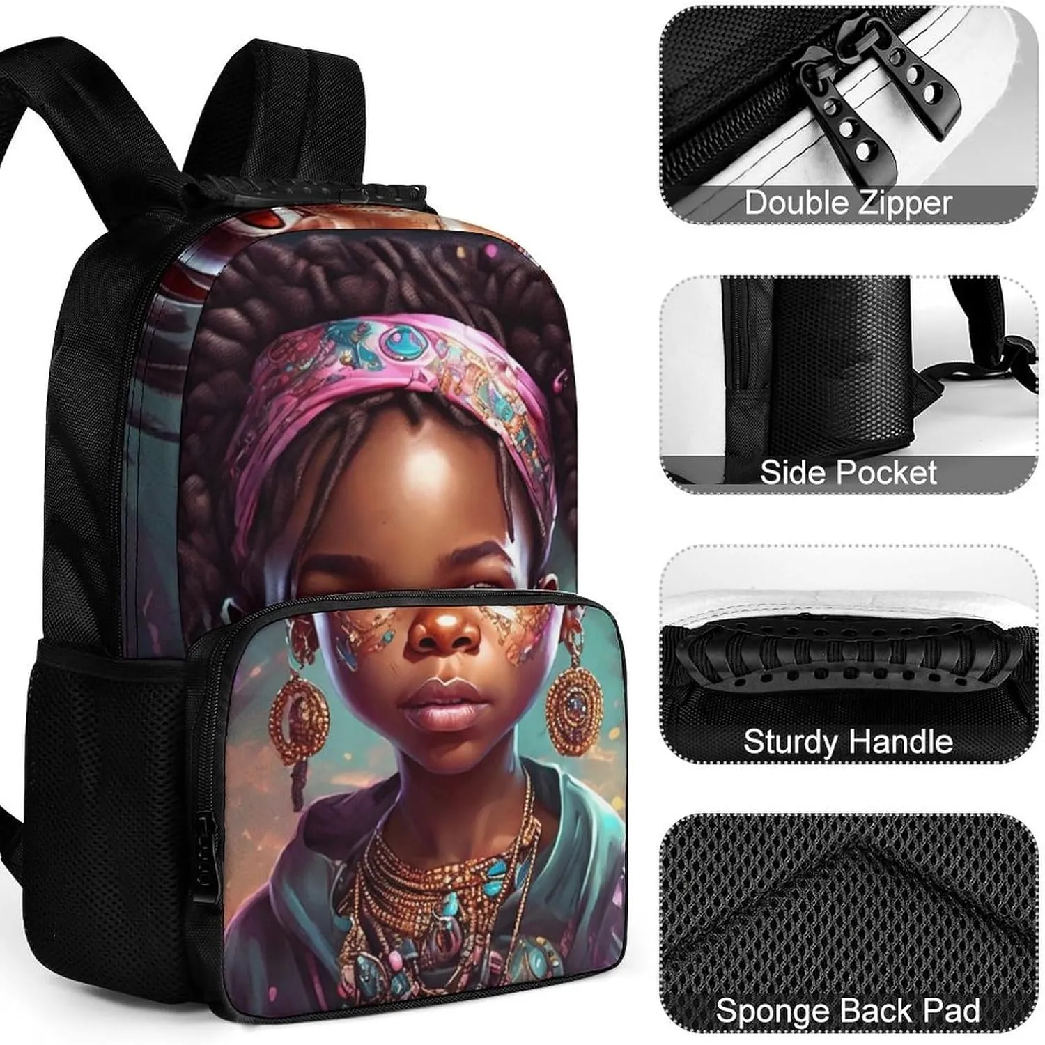 Afro Women African American Black Woman Art Shoulder Book Bags Polyester Multipurpose Anti-Theft Carry On Bag Large Capacity Travel Hiking & Camping Rucksack