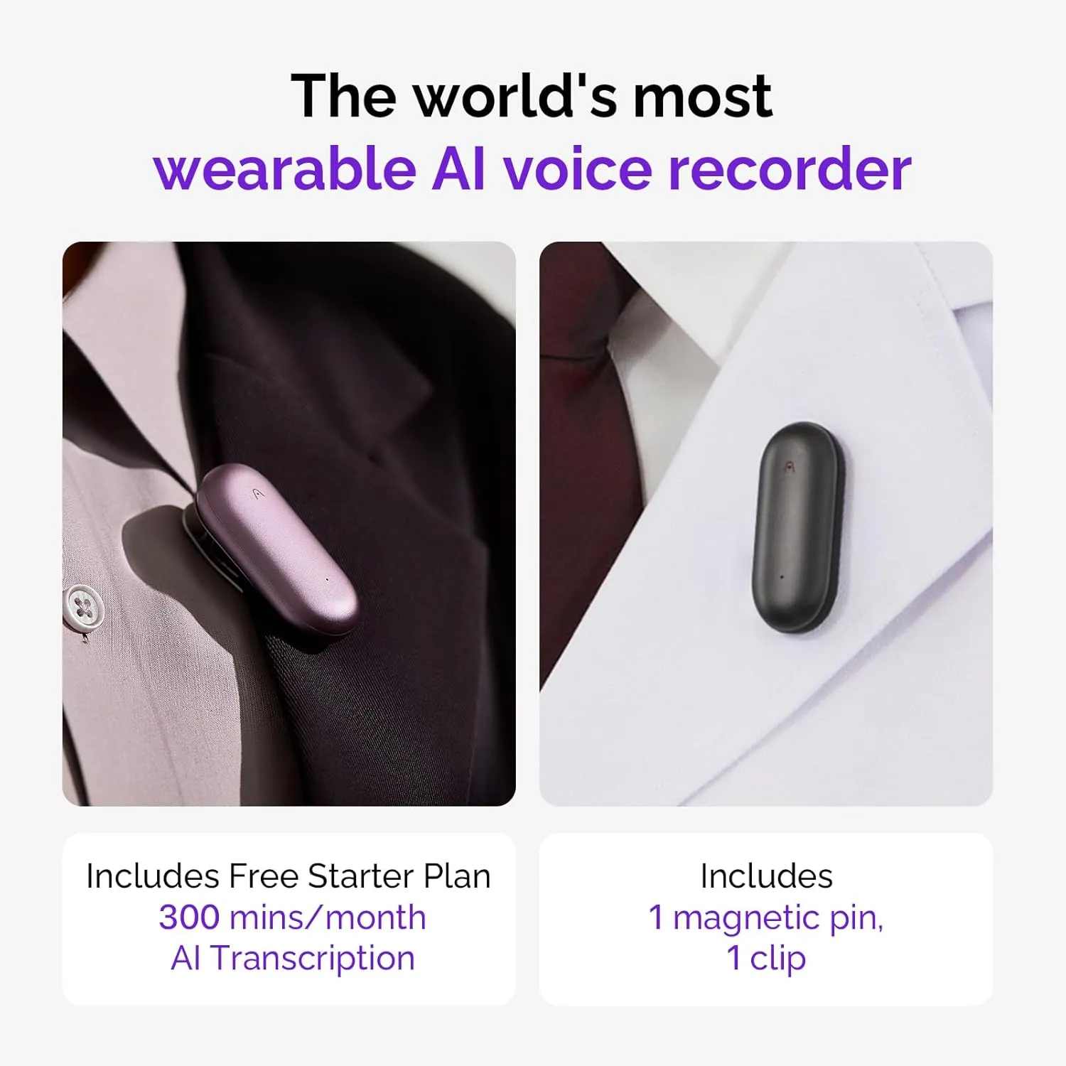 AI Voice Recorder, PLAUD NotePin Voice Recorder, App Control, AI Notetaker, AI Transcribe & Summarize, Support 112 Languages, 64GB Memory, Audio Recorder for Lectures, Meetings, Sunset Purple