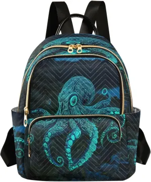 ALAZA Blue Octopus Teal Glowing Mini Backpack Purse for Women Travel Bag Lightweight Shoulder Bag Fashion Daypack