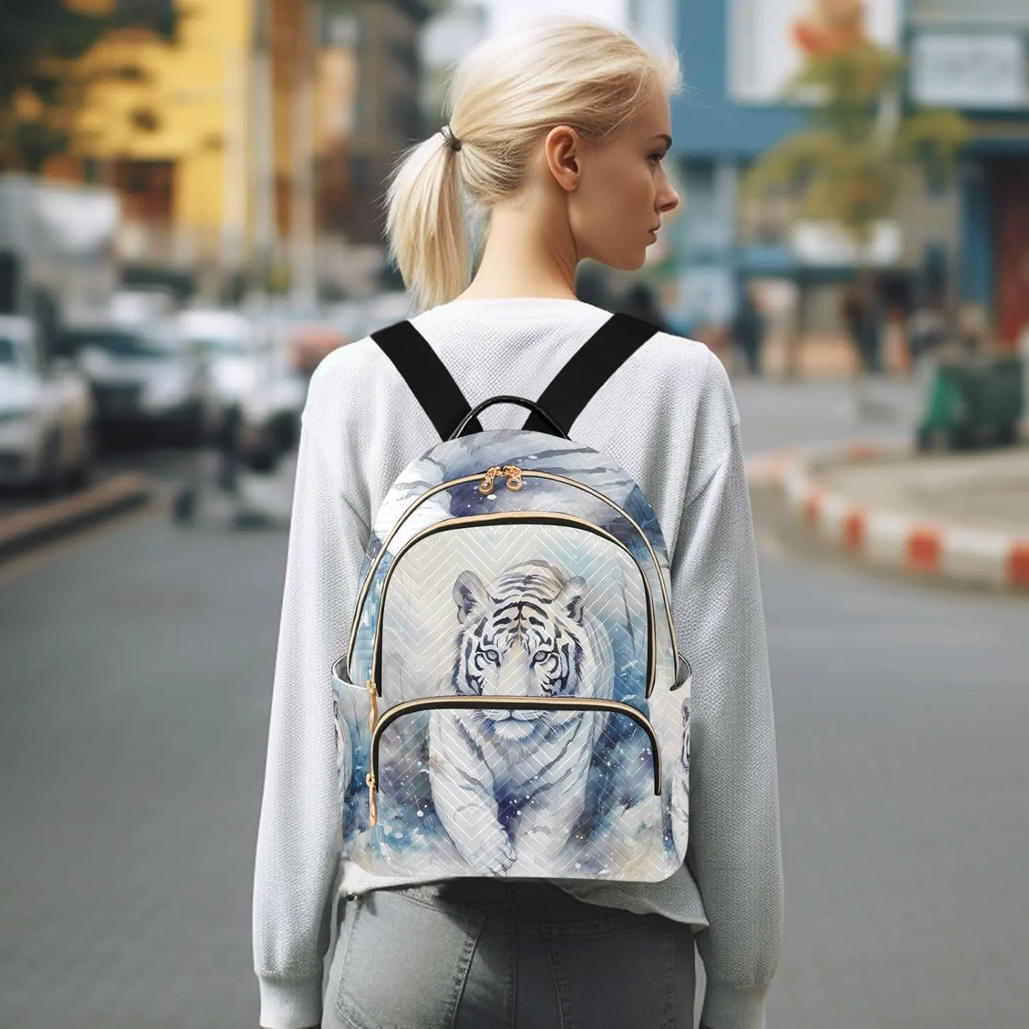 ALAZA Watercolor White Tiger Small Backpack Purse for Women Travel Bag Lightweight Shoulder Bag Fashion Daypack