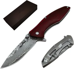 ALBATROSS Red Sandalwood Modern Damascus Pocket Knife - 7.25" Folding Knife with 71-Layer Damascus Steel Blade, Frame Lock Design, Gift Box Included - HGDK021