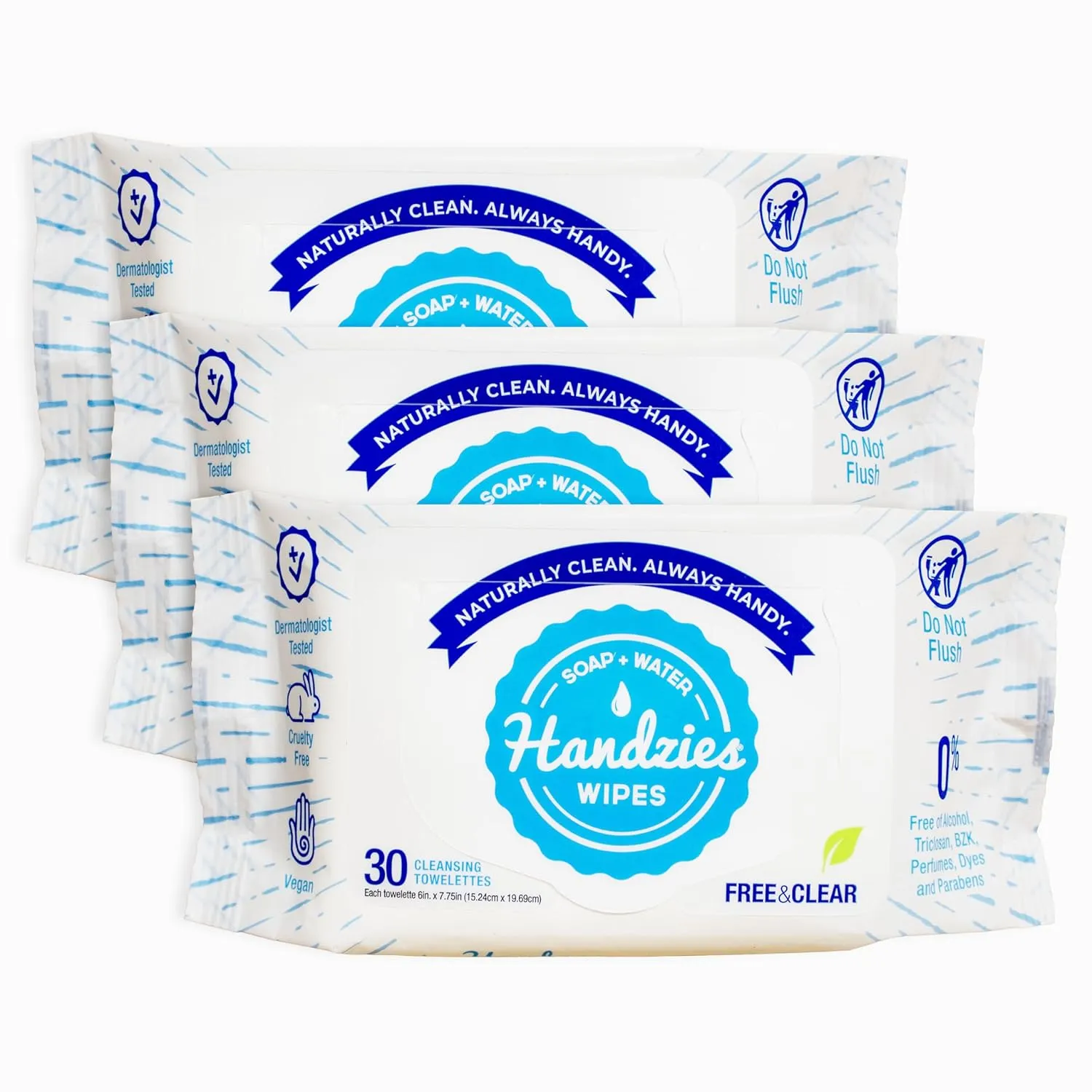 Alcohol-Free Natural Soap and Water Cleansing Towelettes - Free&Clear - 30ct soft pouch - Pack of 3 (90 total towelettes)