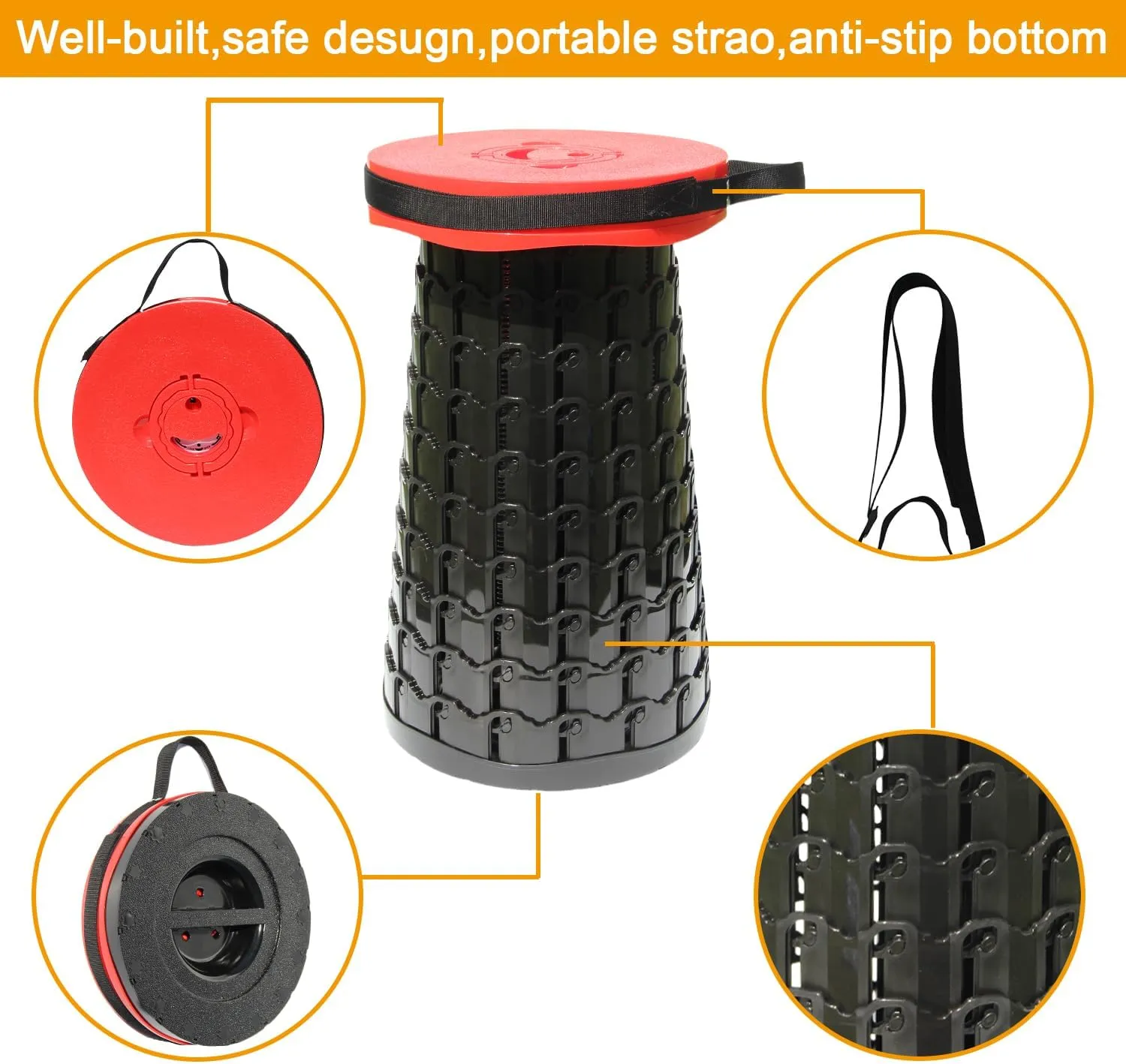 ALEVMOOM Upgraded XXL 50 Portable Collapsible Stool with Cushion,Telescoping Folding Stool for Adults,Yet More Sturdy Camping Stool with Load Capacity 1000lbs,for Outdoor Garden Hiking BBQ Red