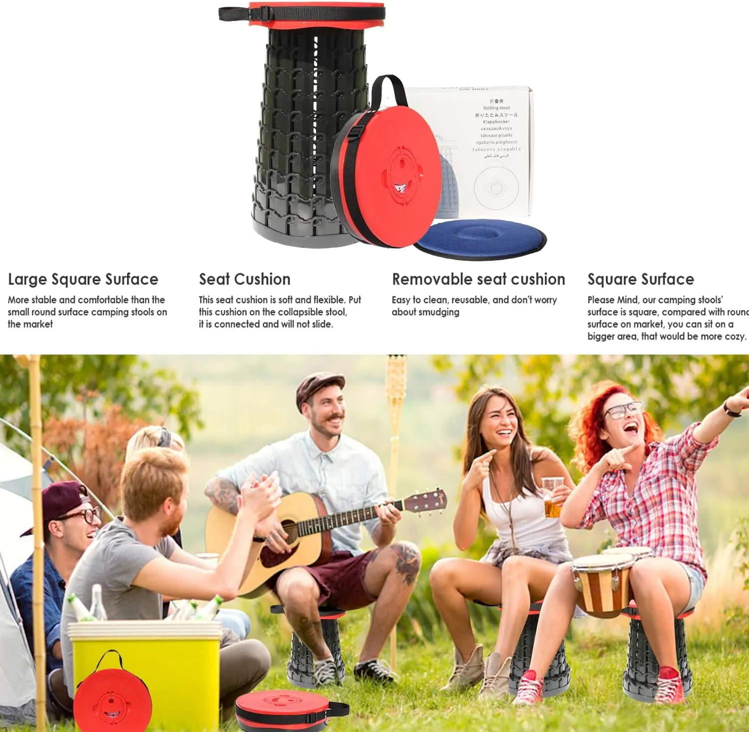 ALEVMOOM Upgraded XXL 50 Portable Collapsible Stool with Cushion,Telescoping Folding Stool for Adults,Yet More Sturdy Camping Stool with Load Capacity 1000lbs,for Outdoor Garden Hiking BBQ Red
