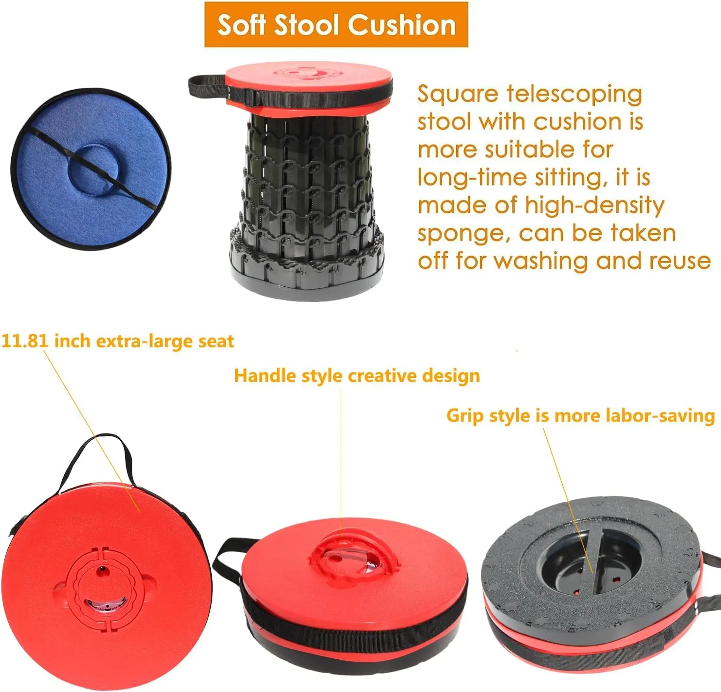 ALEVMOOM Upgraded XXL 50 Portable Collapsible Stool with Cushion,Telescoping Folding Stool for Adults,Yet More Sturdy Camping Stool with Load Capacity 1000lbs,for Outdoor Garden Hiking BBQ Red
