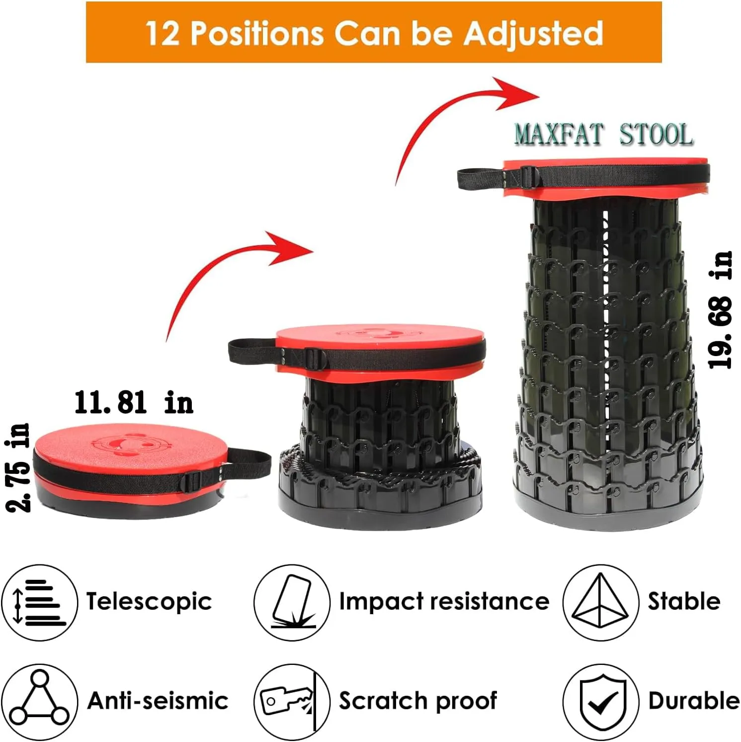 ALEVMOOM Upgraded XXL 50 Portable Collapsible Stool with Cushion,Telescoping Folding Stool for Adults,Yet More Sturdy Camping Stool with Load Capacity 1000lbs,for Outdoor Garden Hiking BBQ Red