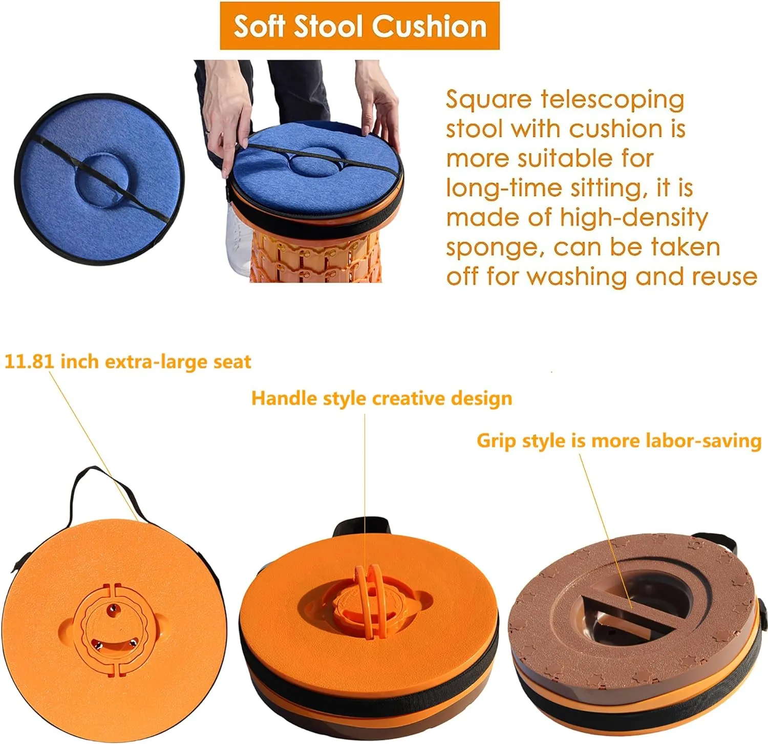 ALEVMOOM Upgraded XXL 50 Portable Collapsible Stool with Cushion,Telescoping Folding Stool for Adults,Yet More Sturdy Camping Stool with Load Capacity 1000lbs,for Outdoor Garden Hiking BBQ