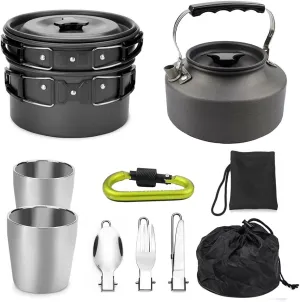 amping Cookware Kit, Outdoor Cooking Set with Kettle, Portable Cooking Backpacking Kit, Lightweight Camping Pot, and Pan Non-Stick Pot and Pans for 2 to 3 People Camping, Hiking, Picnic