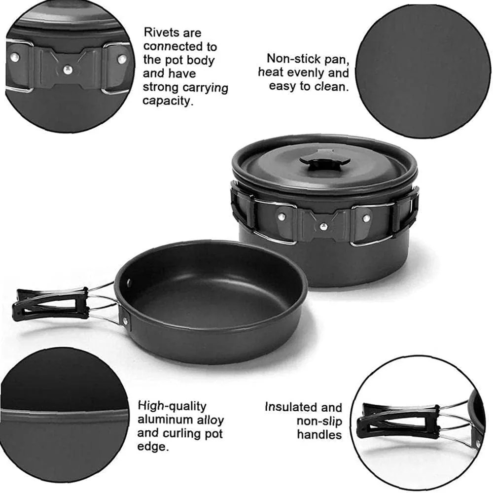 amping Cookware Kit, Outdoor Cooking Set with Kettle, Portable Cooking Backpacking Kit, Lightweight Camping Pot, and Pan Non-Stick Pot and Pans for 2 to 3 People Camping, Hiking, Picnic