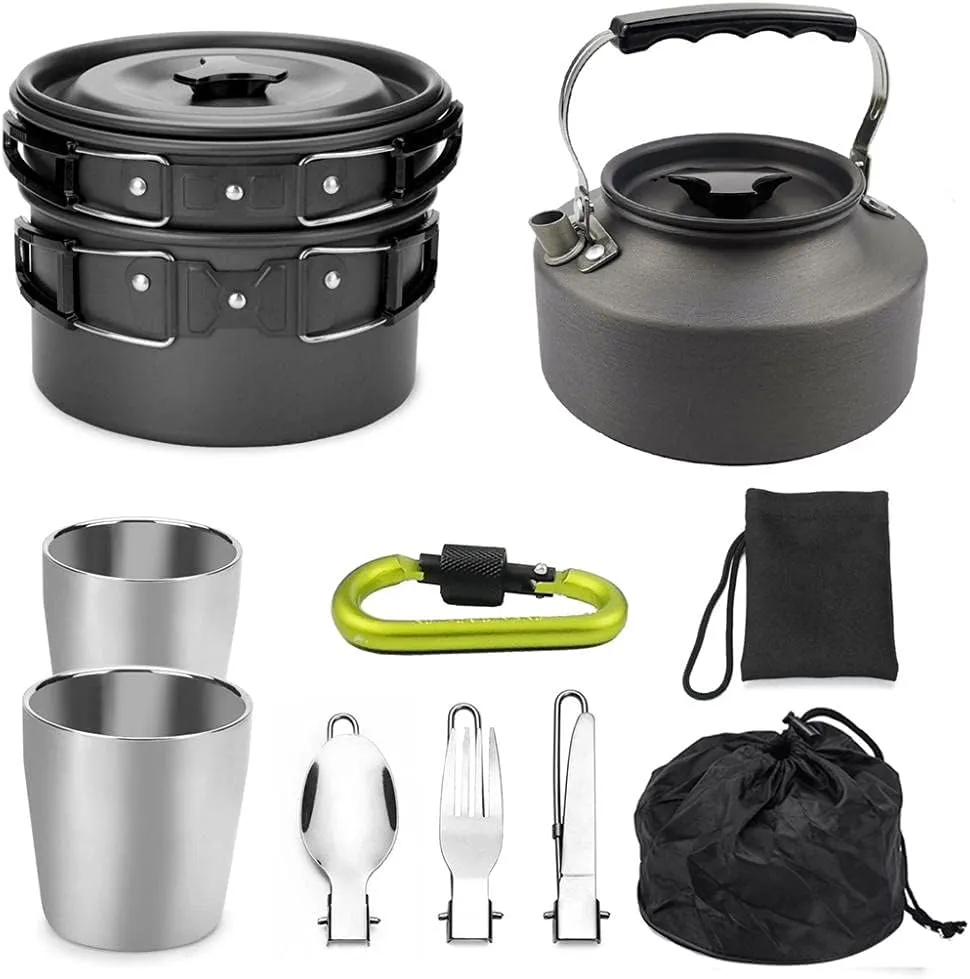 amping Cookware Kit, Outdoor Cooking Set with Kettle, Portable Cooking Backpacking Kit, Lightweight Camping Pot, and Pan Non-Stick Pot and Pans for 2 to 3 People Camping, Hiking, Picnic