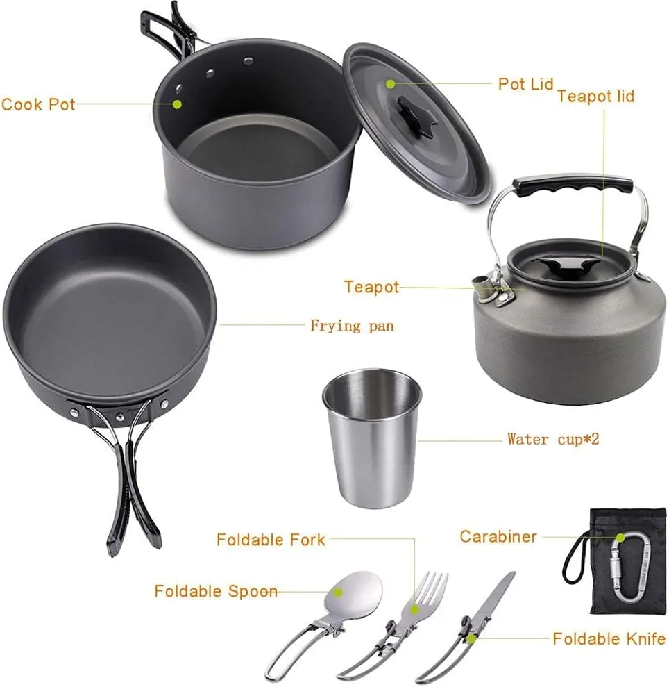amping Cookware Kit, Outdoor Cooking Set with Kettle, Portable Cooking Backpacking Kit, Lightweight Camping Pot, and Pan Non-Stick Pot and Pans for 2 to 3 People Camping, Hiking, Picnic