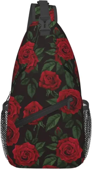 AMRANDOM valentines red rose flowers floral Crossbody Sling Bag Chest Bag for Men Women