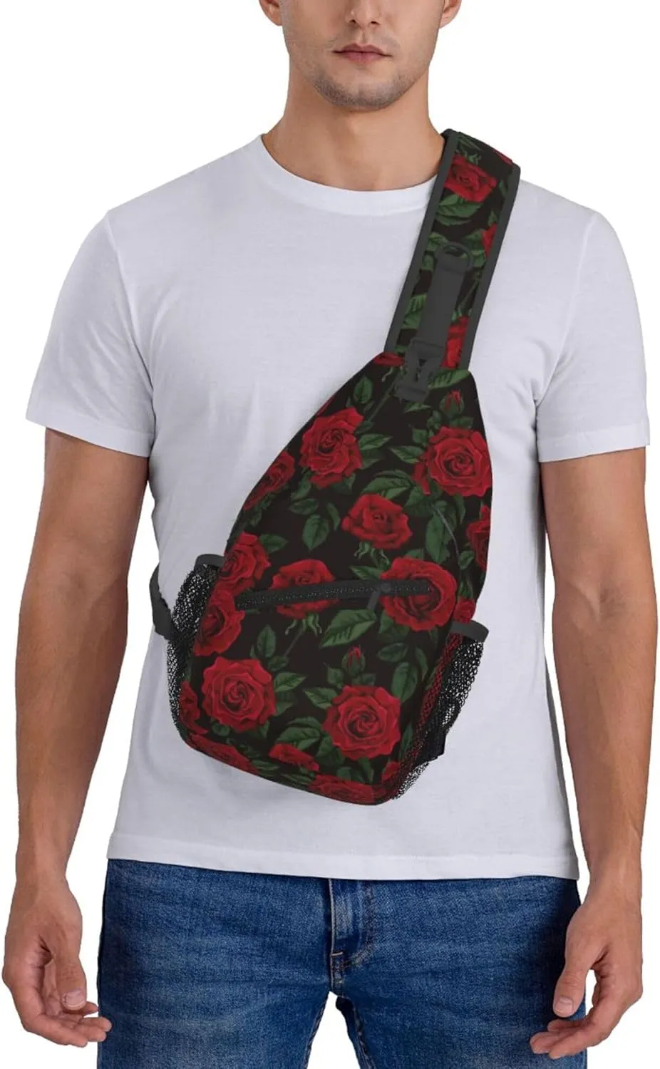 AMRANDOM valentines red rose flowers floral Crossbody Sling Bag Chest Bag for Men Women