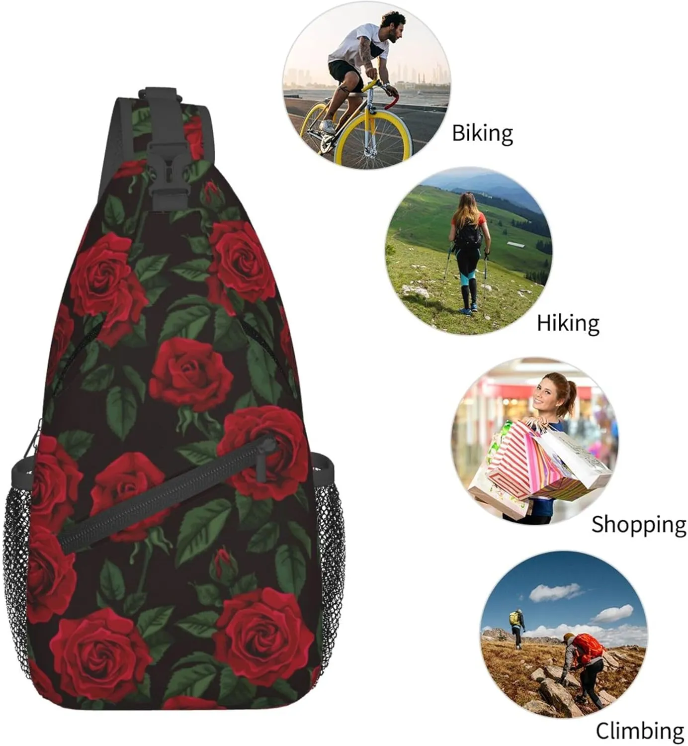 AMRANDOM valentines red rose flowers floral Crossbody Sling Bag Chest Bag for Men Women