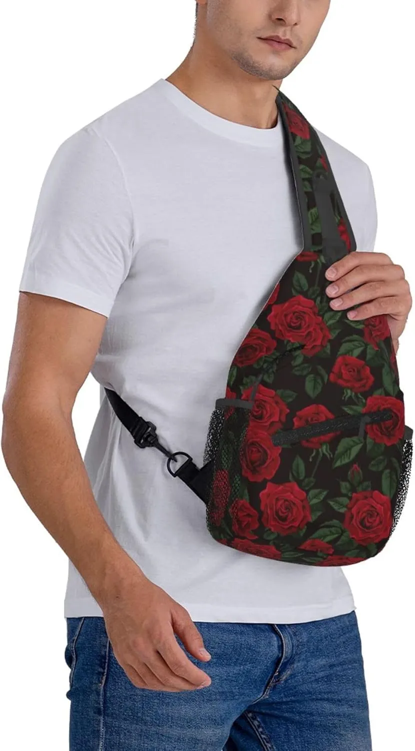 AMRANDOM valentines red rose flowers floral Crossbody Sling Bag Chest Bag for Men Women