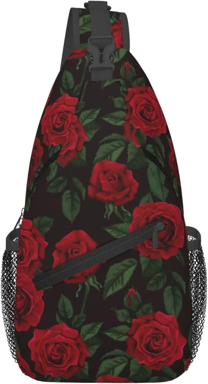 AMRANDOM valentines red rose flowers floral Crossbody Sling Bag Chest Bag for Men Women