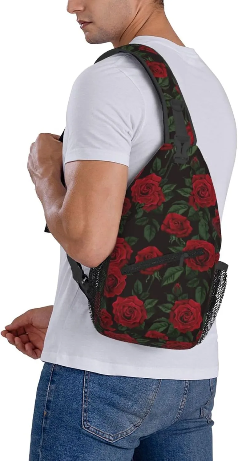 AMRANDOM valentines red rose flowers floral Crossbody Sling Bag Chest Bag for Men Women