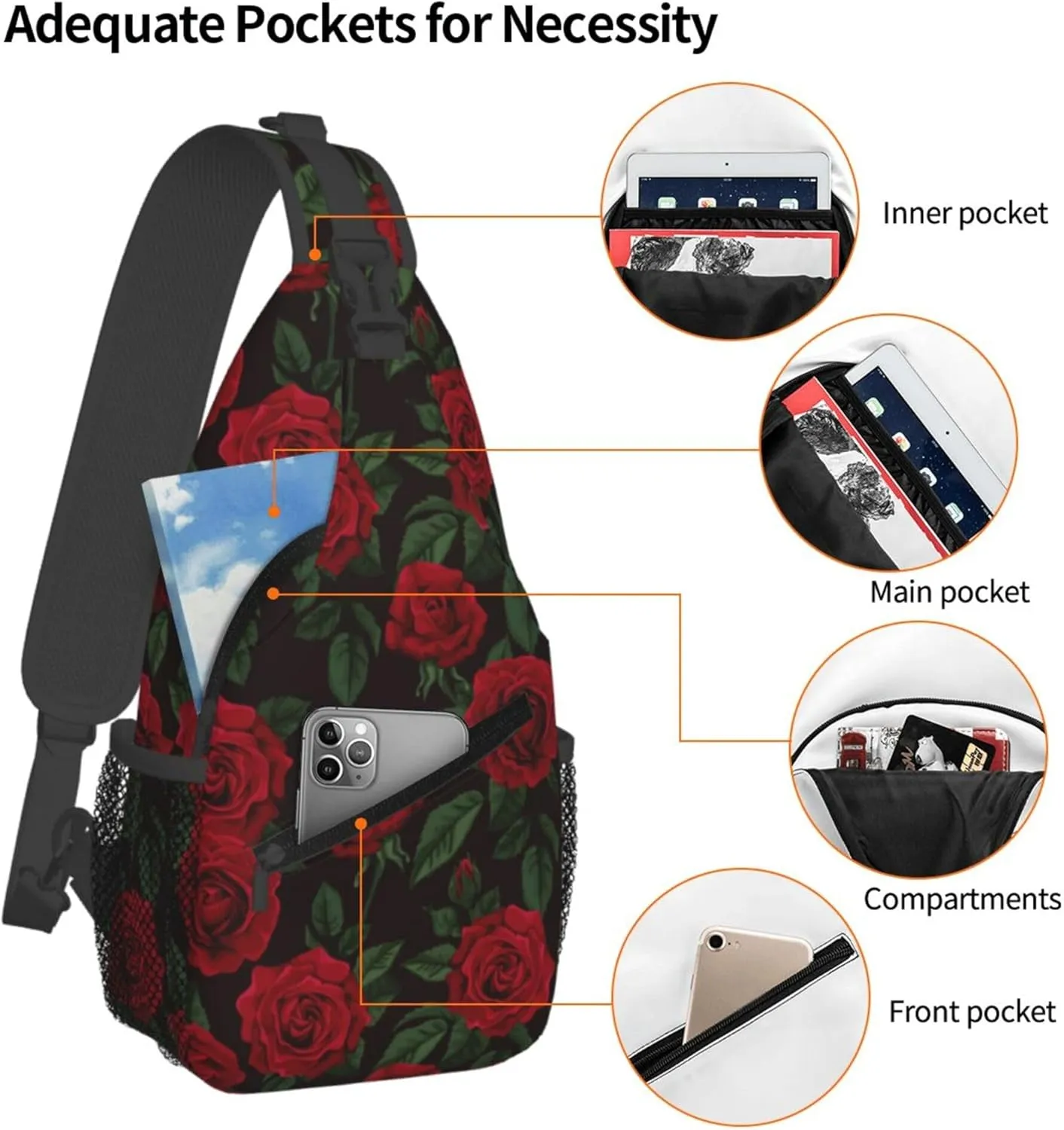 AMRANDOM valentines red rose flowers floral Crossbody Sling Bag Chest Bag for Men Women