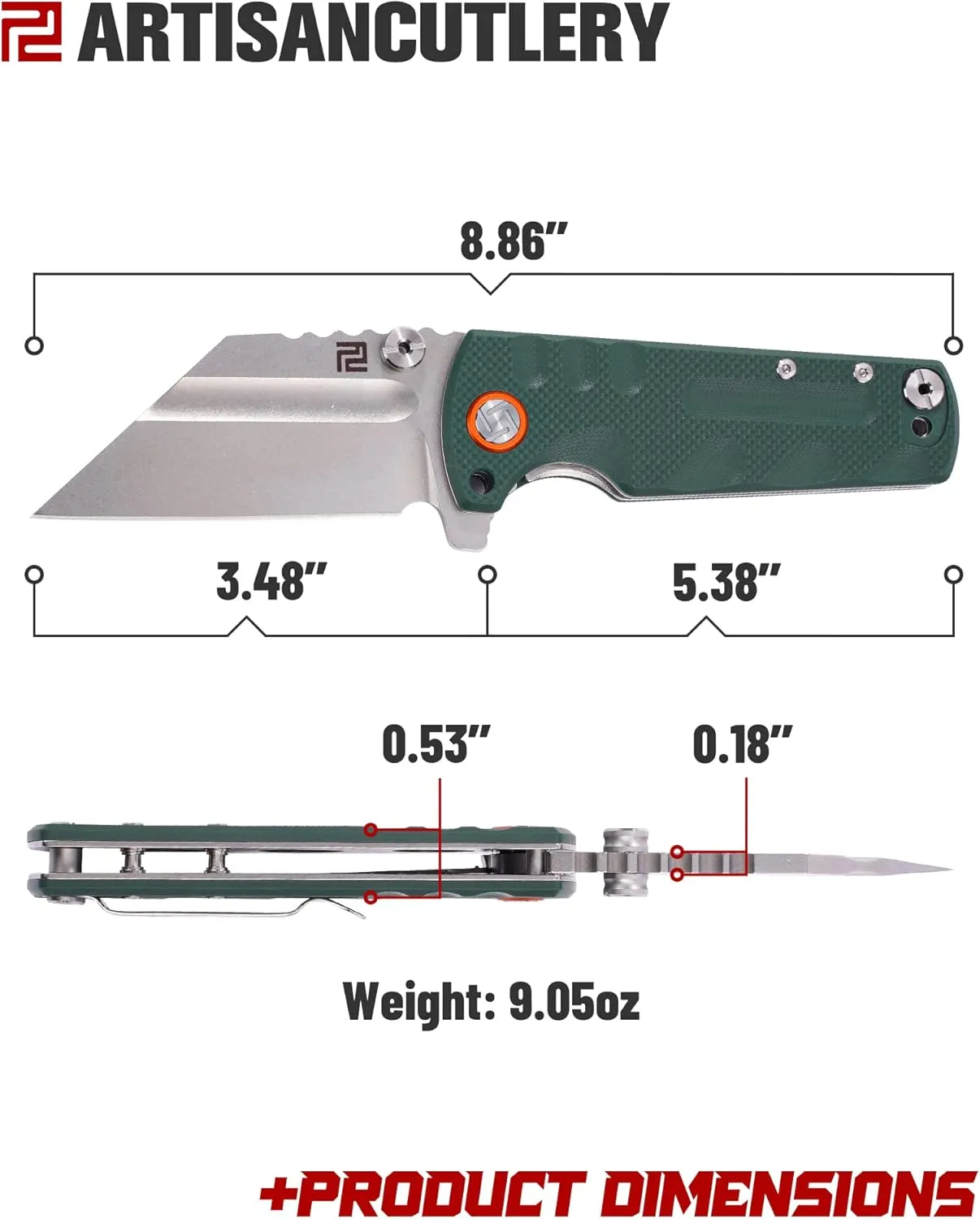 ARTISANCUTLERY Tactical Knife Proponent Folding Knife D2 Steel Blade with G10 Handle Fixed Blade EDC Knife for Hunting,Camping and Outdoor 1820P Green