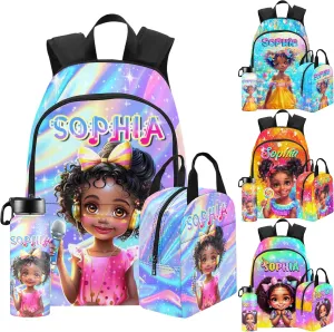 Artsadd Personalized Backpack for Girls Kids Name Customized Lunch Bag Box Sets School Bag for Preschool Kindergarten Elementary Back to School for Daughter