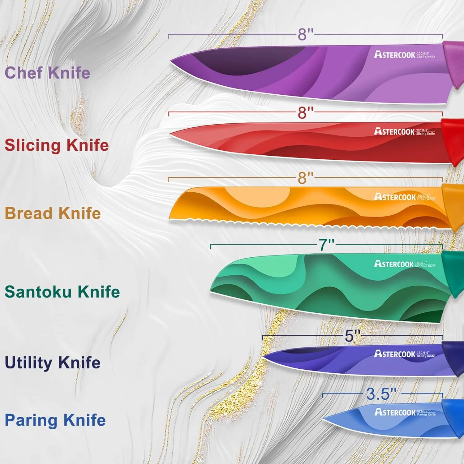 Astercook Fantasy Space Pattern Knife Set with Cover, Dishwasher Safe Colorful Knives with 6 Knife Sheath, German Stainless Steel Rainbow Knife Set