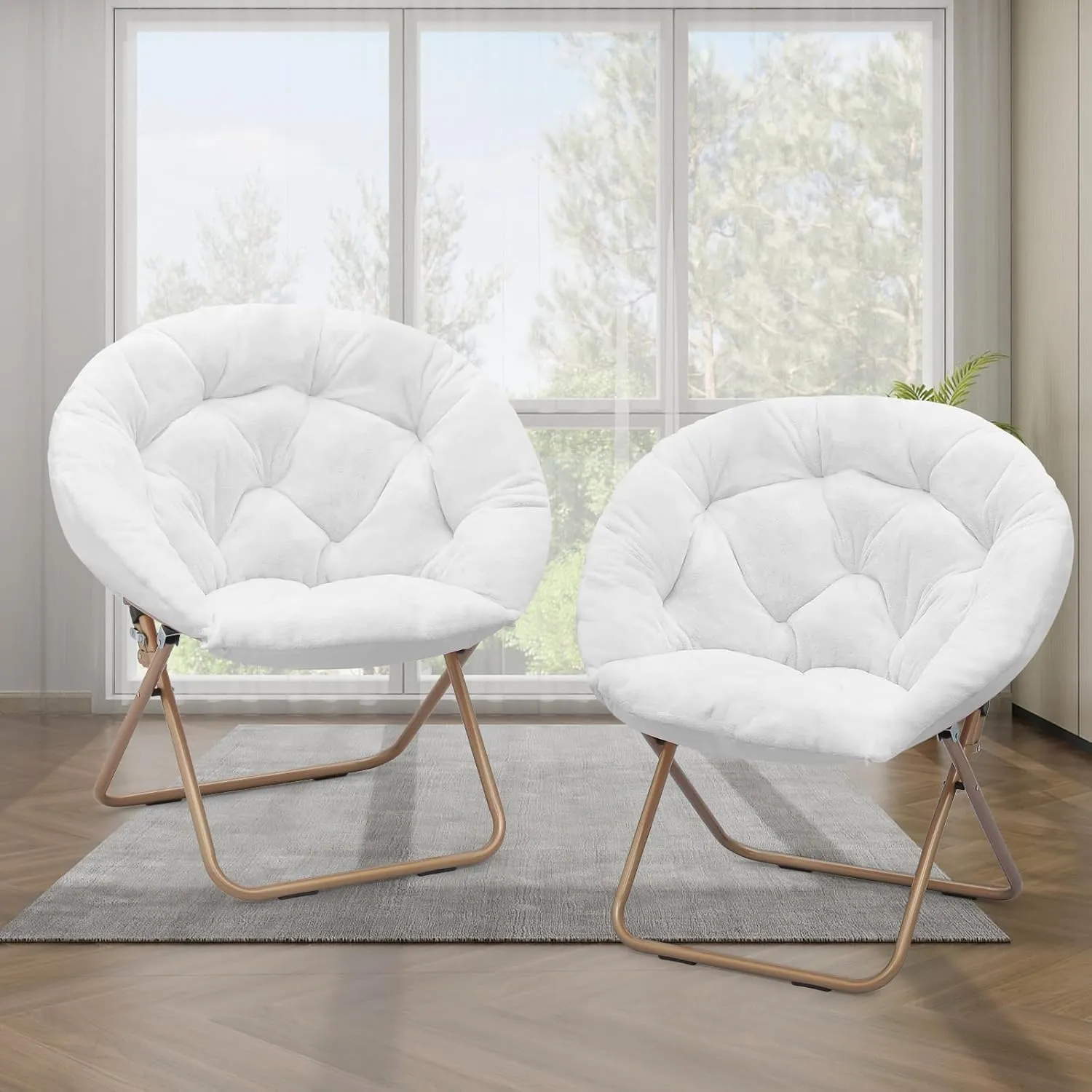 Athena Collection Comfy Saucer Chair, Folding Oversized Cozy for Bedroom Living Room, Faux Fur Reading, Foldable Metal Frame Round Lazy Moon for Adult Set of 2, White