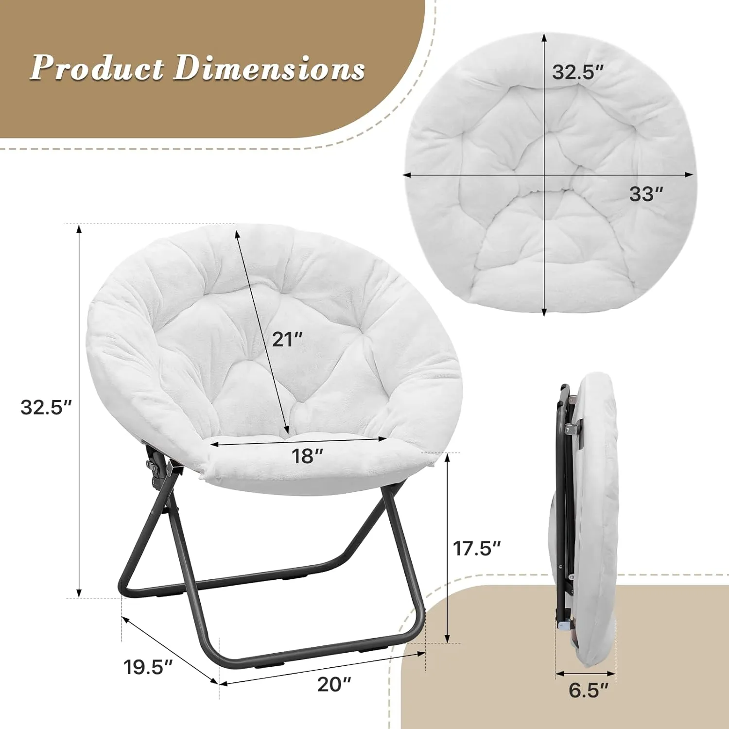 Athena Collection Comfy Saucer Chair, Folding Oversized Cozy for Bedroom Living Room, Faux Fur Reading, Foldable Metal Frame Round Lazy Moon for Adult Set of 2, White