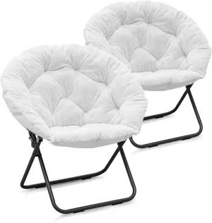 Athena Collection Comfy Saucer Chair, Folding Oversized Cozy for Bedroom Living Room, Faux Fur Reading, Foldable Metal Frame Round Lazy Moon for Adult Set of 2, White