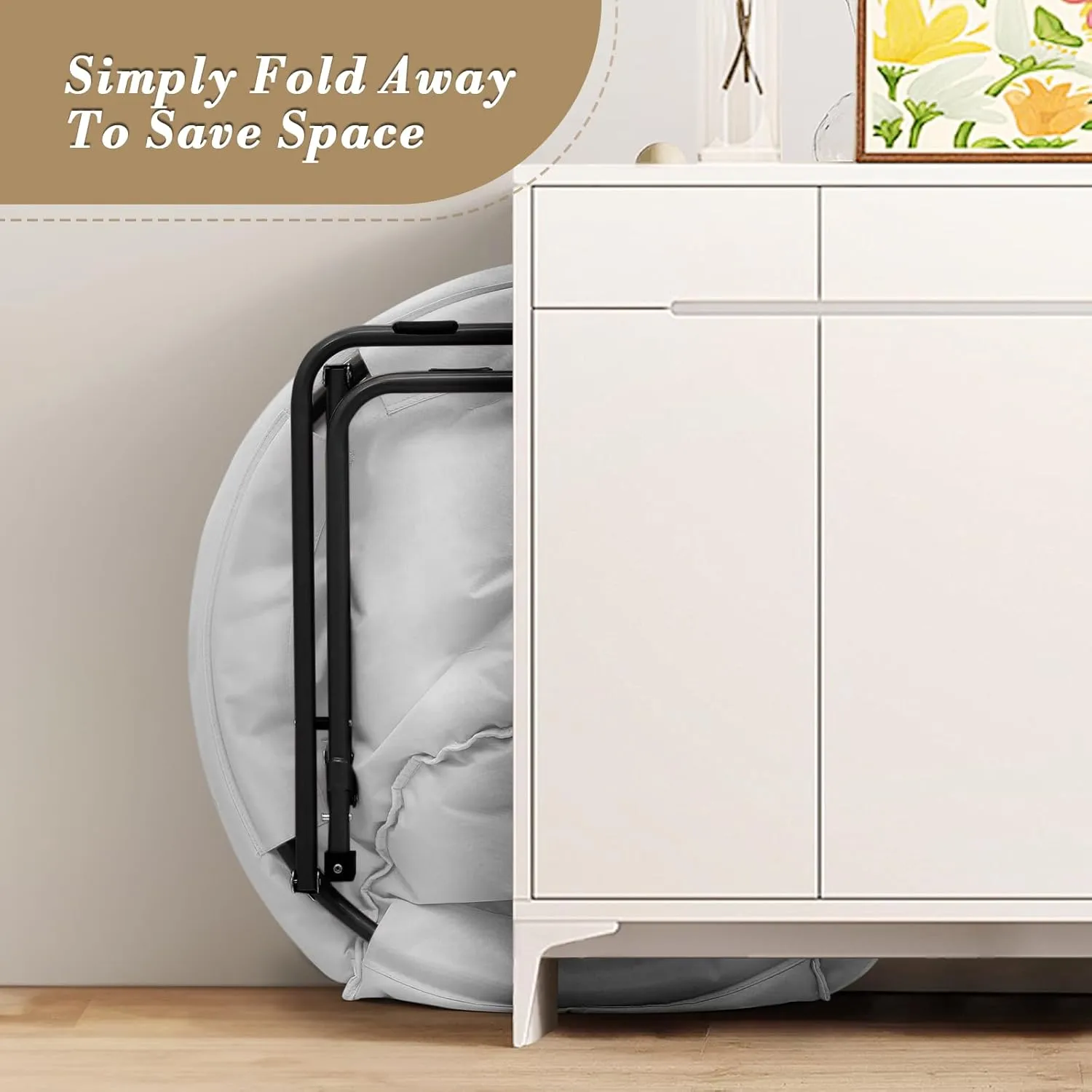 Athena Collection Comfy Saucer Chair, Folding Oversized Cozy for Bedroom Living Room, Faux Fur Reading, Foldable Metal Frame Round Lazy Moon for Adult Set of 2, White
