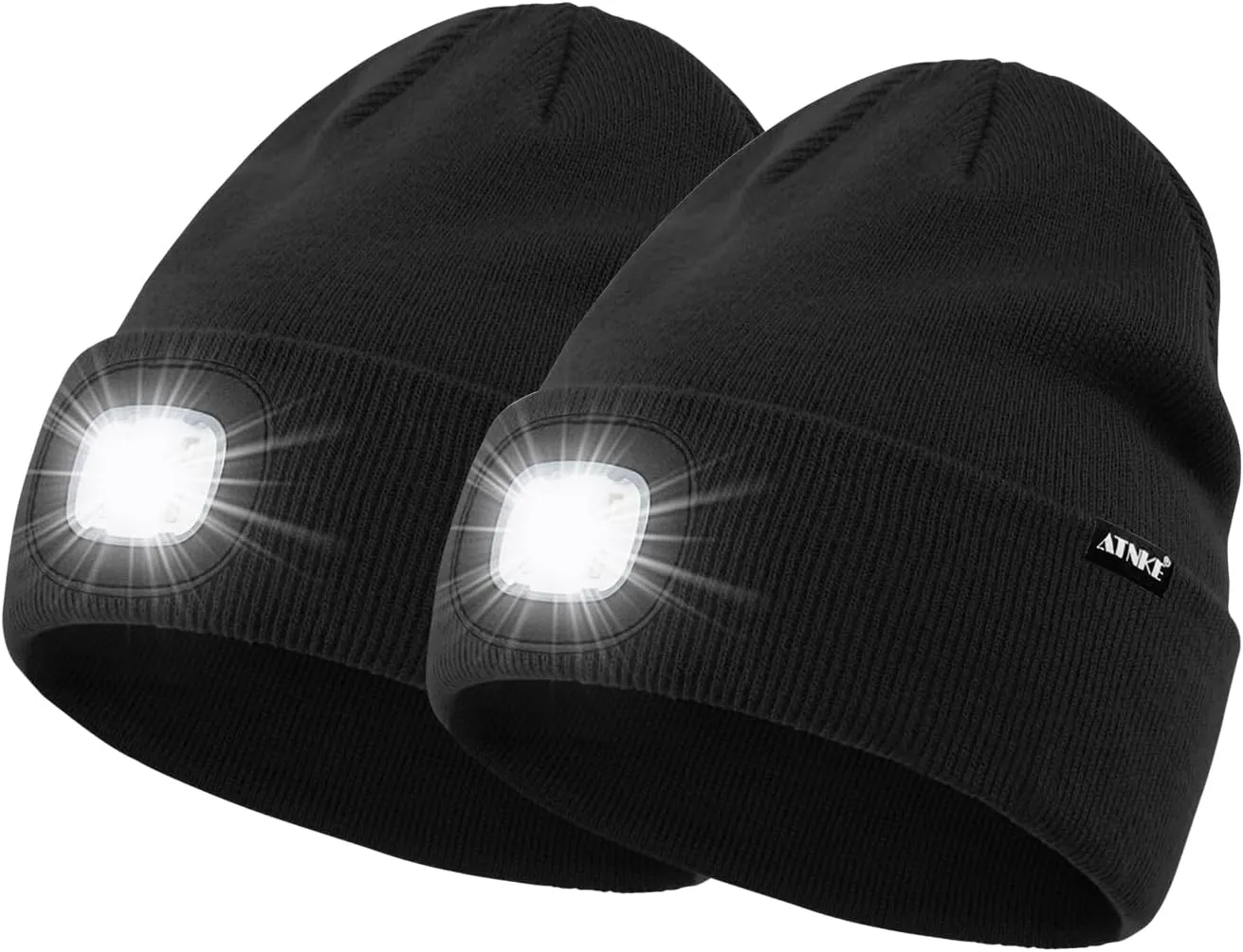 ATNKE 2Pcs LED Lighted Beanie Hat,USB Rechargeable 4 LED Running Headlamp Bright Cap with Light Gifts for Men and Women
